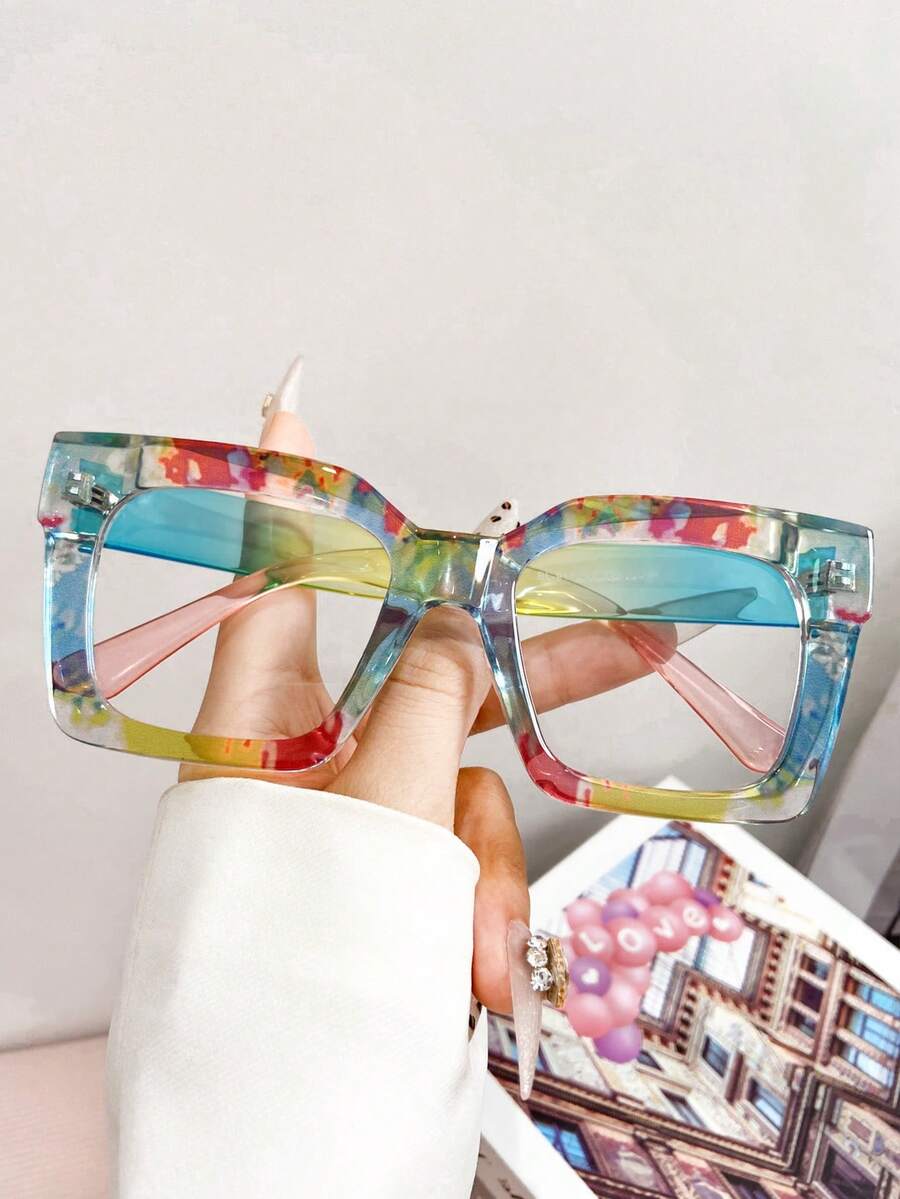 Vintage Fashion Prints - แว่นตาแฟชั่นกรอบใหญ่ลายดอกไม้สีสันสดใสสไตล์วินเทจ ไม่ใช่แว่นสายตา สำหรับคนรักสตรีทแฟชั่นและกิจกรรมกลางแจ้ง