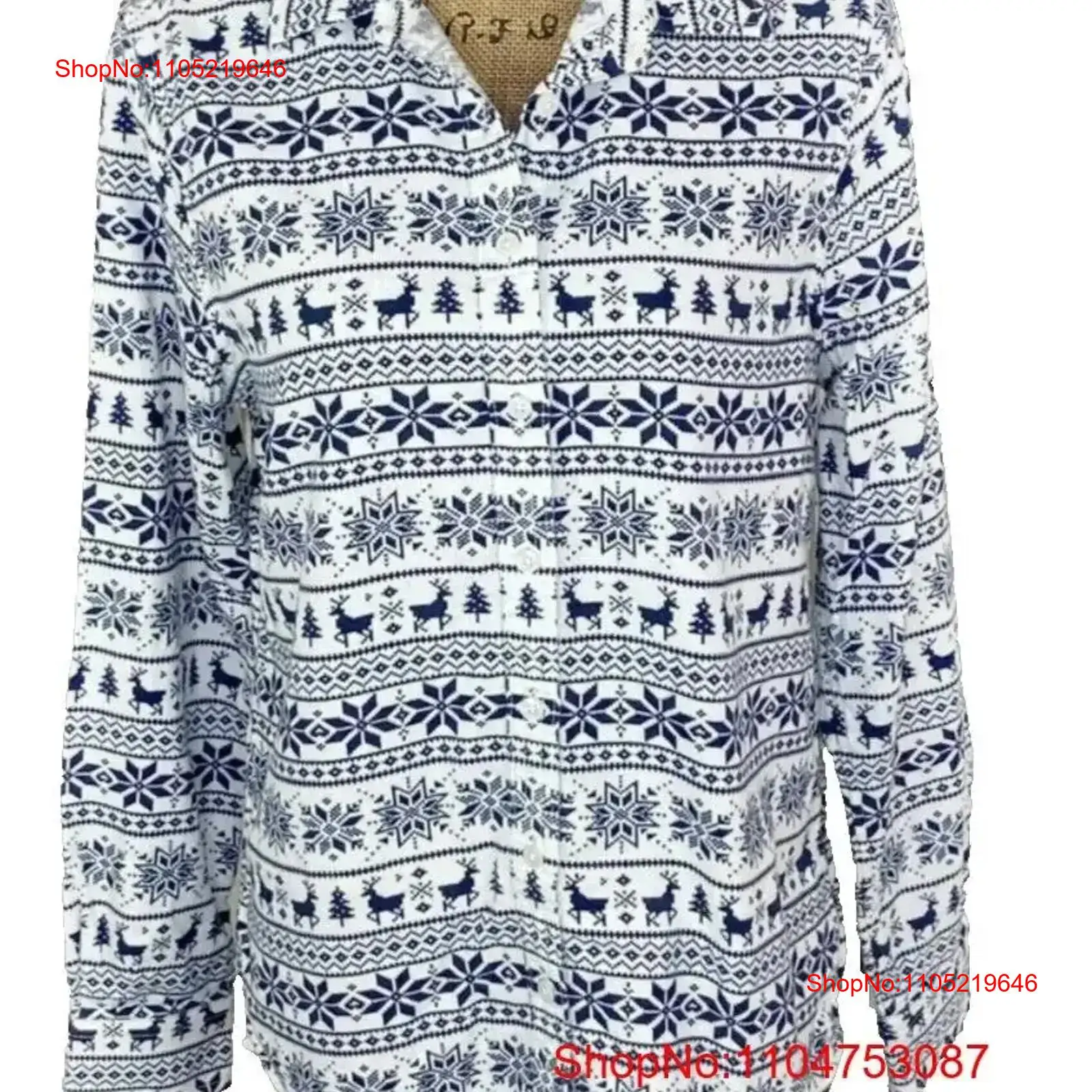 Vintage Fashion Faire - เสื้อเชิ้ตแขนยาวลายแฟร์ไอส์ แบรนด์แลนด์เอ็นด์ สำหรับผู้หญิง ไซส์ 6 ลายกวางเรนเดียร์และเกล็ดหิมะ