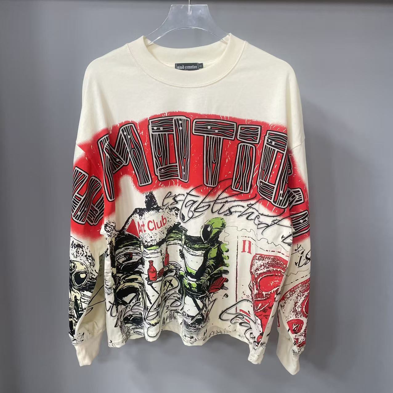 Vintage Fashion Prints - เสื้อยืดแขนยาวดีไซน์เนอร์คุณภาพสูง MIXED-EMOTION ผ้าฝ้าย 100% สำหรับผู้ชายและผู้หญิง ลายพิมพ์วินเทจและประดับคริสตัล