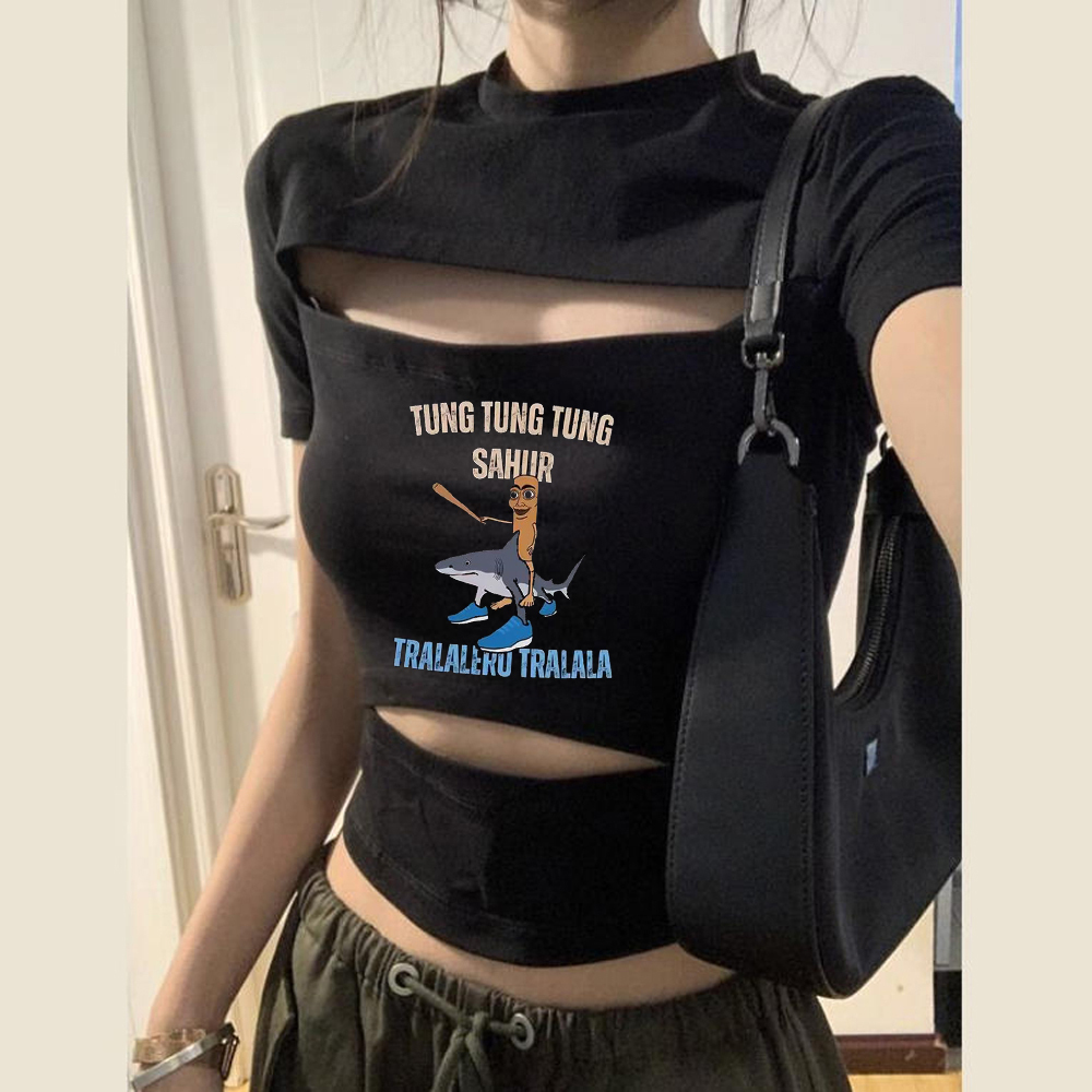 Vintage Fashion For Sale - เสื้อครอปท็อป Tung Tung Sahur ลดราคาพิเศษสำหรับผู้หญิง แฟชั่นเกาหลี