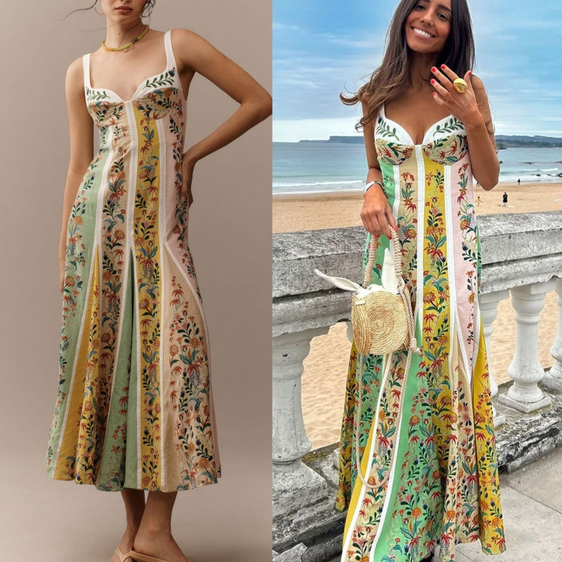 Vintage Fashion Prints - แฟชั่นผู้หญิงที่สง่างามแขนกุดชุดเดรสลำลองคอวีลึกแม็กซี่เดรสฤดูร้อนเอวสูงพิมพ์ลายเดรส เวสติโดส