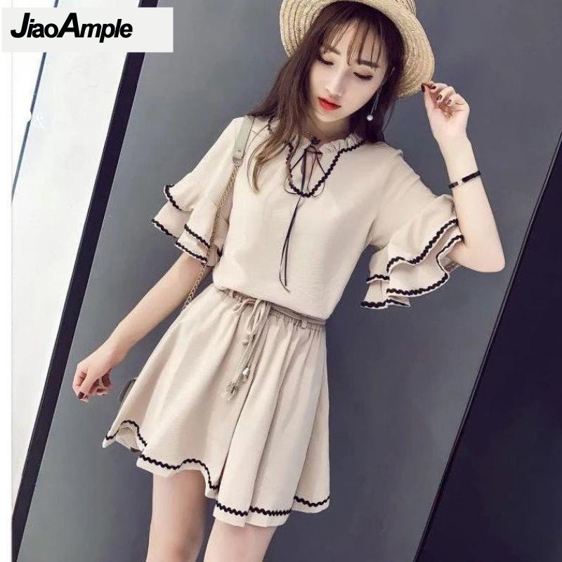 Vintage Fashion Fabrics - 2025 ฤดูร้อนใหม่กางเกงขาสั้นผู้หญิงVINTAGE Lotus Leaf Sleeveเสื้อชีฟองกางเกง 2