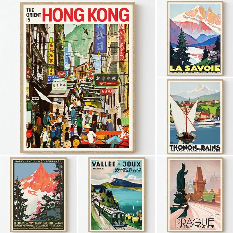 Vintage Fashion Illustrations - Hiasan dinding rumah พิมพ์ลายสไตล์วินเทจผ้าแคนวาสฝรั่งเศสฮ่องกงภาพวาดไร้กรอบท่องเที่ยวแบบโปสเตอร์ศิลปะย้อนยุค