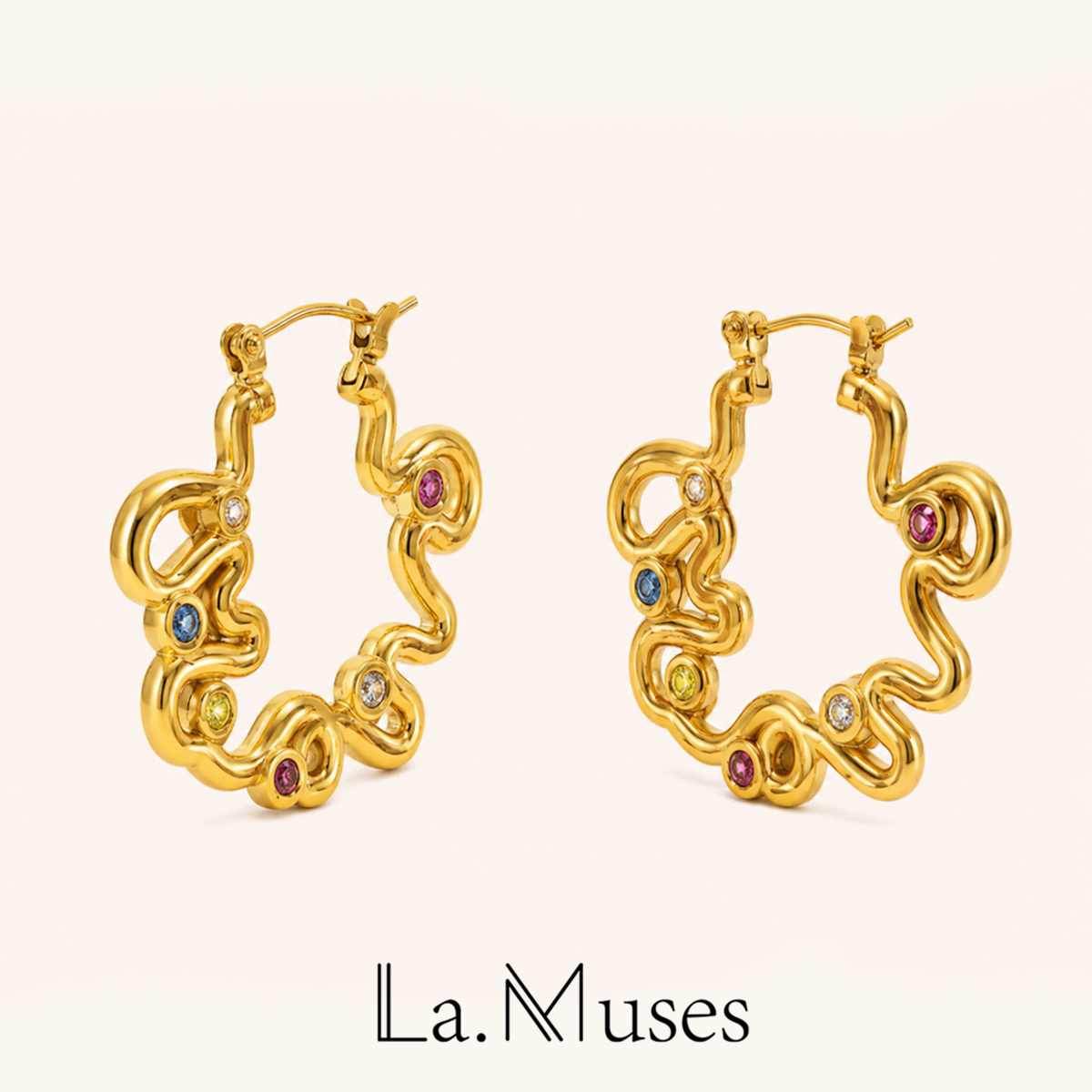 Vintage Fashion La - ก. Muses สีเพทาย Twisted Line สแตนเลสผู้หญิงต่างหู