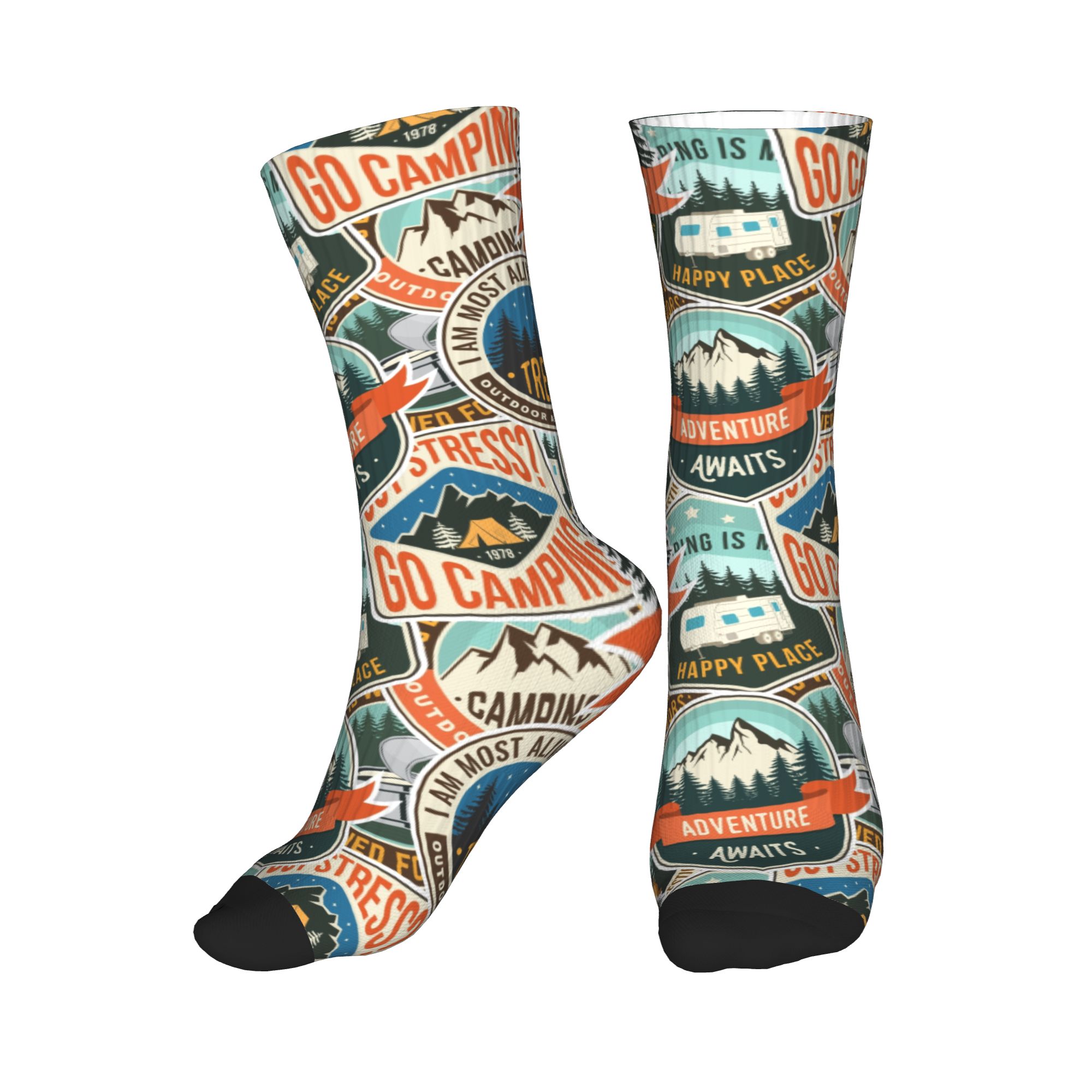 Vintage Fashion Prints - แฟชั่นผู้ชายสไตล์วินเทจ ลายตราสัญลักษณ์ภูเขา ถุงเท้าพิมพ์ลายไร้รอยต่อสำหรับกิจกรรมกลางแจ้ง แบบยูนิเซ็กซ์ ระบายอากาศได้ดี ให้ความอบอุ่น