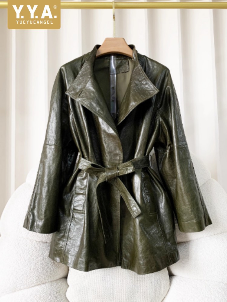 Vintage Trench Coat - เสื้อแจ็คเก็ตหนังแกะแท้ทรงหลวมแบบมีเข็มขัดสำหรับผู้หญิงสไตล์วินเทจ เสื้อโค้ทยาวปานกลางกันลม แบบเทรนช์โค้ท คอลเลคชั่นฤดูใบไม้ร่วง ดีไซน์ใหม่จากดีไซเนอร์