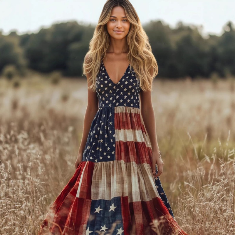 Vintage Fashion Eu - เดรสวินเทจพิมพ์ลายคอวี สายเดี่ยว สำหรับวันหยุดวันชาติ ทรงมิดิแบบมีระบาย ไซส์ EU