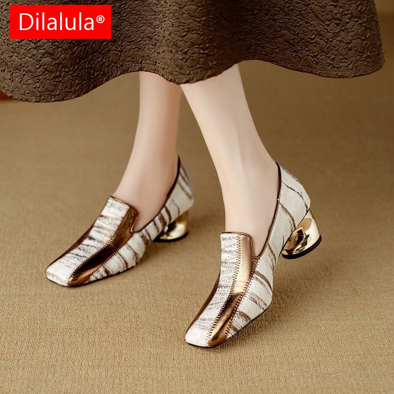 Vintage Fashion For Sale - Dilalula ขายร้อน Horsehair ผู้หญิงปั๊มผสมสี Med แปลกรองเท้าส้นสูงสําหรับหญิง