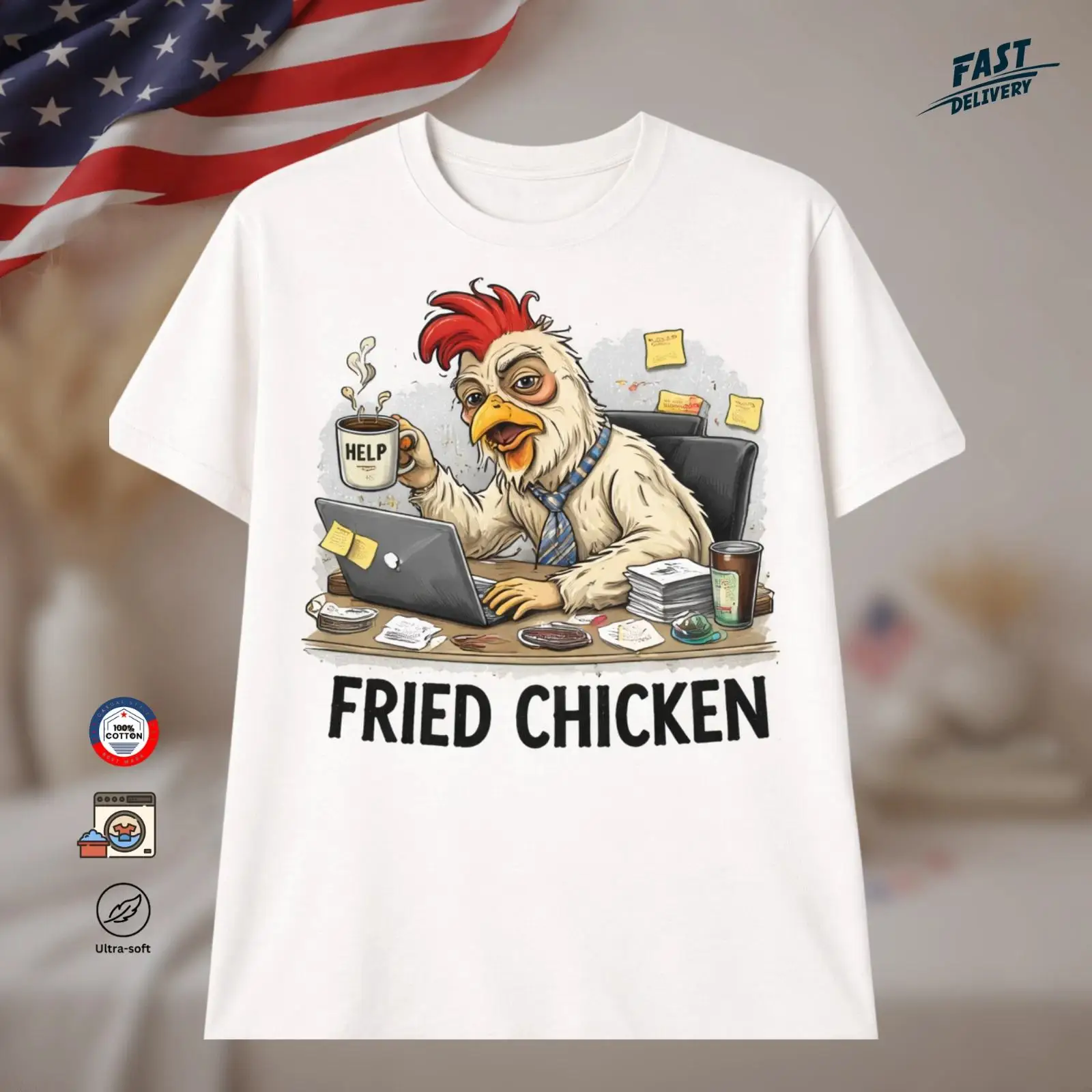 Vintage Fashion Jobs - เสื้อยืดลายมีมตลกๆ งานออฟฟิศ ไก่ทอดเหนื่อยๆ ขนาด S ถึง