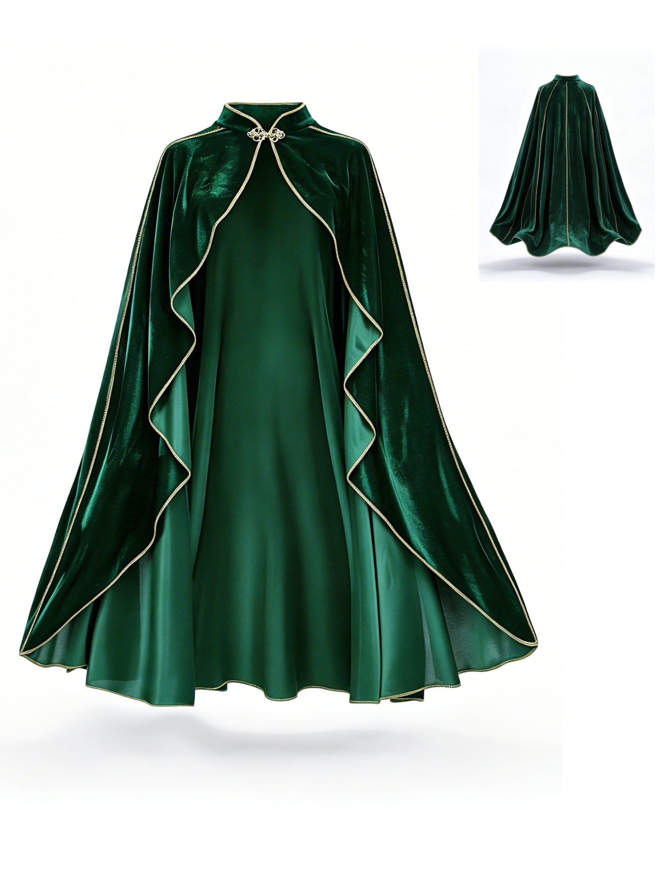 Vintage Trench Coat - เสื้อคลุมกำมะหยี่สีเขียวสไตล์วินเทจสำหรับผู้หญิง พร้อมขอบสีทอง คอตั้ง ชุดคอสเพลย์ เสื้อคลุมยาวสำหรับงานปาร์ตี้ฮาโลวีน แต่งกายสไตล์ยุคกลางเรอเนซองส์