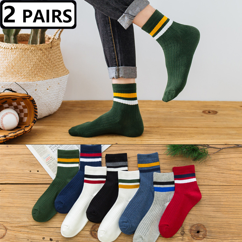 Vintage Fashion Eu - 2 คู่ถุงเท้าผู้ชายลายทางผ้าฝ้ายถุงเท้าขนาดกลางขนาด EU 39-44 วินเทจ สนุกสนาน