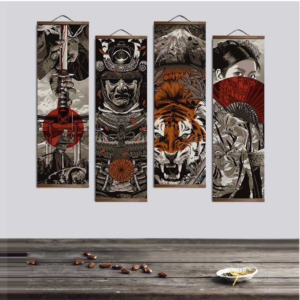 Vintage Fashion Illustrations - ซามูไรญี่ปุ่น Ukiyoe Tiger ผ้าใบภาพโปสเตอร์สำหรับห้องนั่งเล่นตกแต่งบ้านภาพวาดศิลปะบนผนัง Solid ไม้แขวนเสื้อไม้