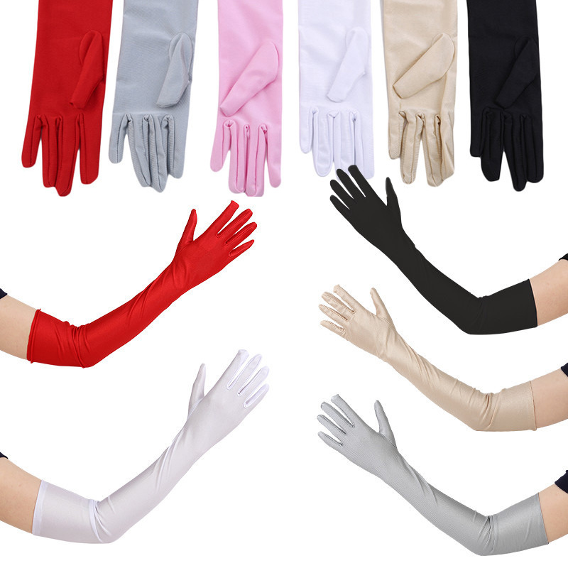 Vintage Fashion For Sale - ถุงมือผู้หญิงสำหรับงานเลี้ยงตอนเย็น งานพิธีการ สีพื้น ผ้าซาติน ปลายนิ้วยาว สำหรับงานแต่งงาน