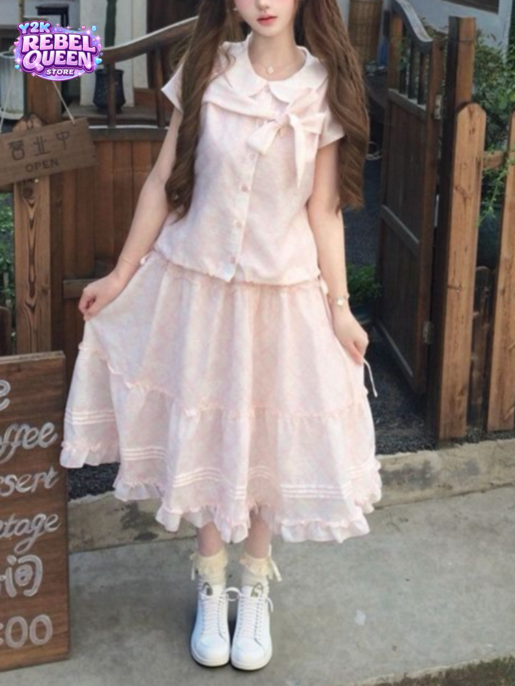 Vintage Fashion Fabrics - เสื้อคอปีเตอร์แพนสไตล์วินเทจญี่ปุ่น แต่งโบว์หวานๆ + กระโปรงระบายยาวปานกลาง ชุดเซ็ต 2
